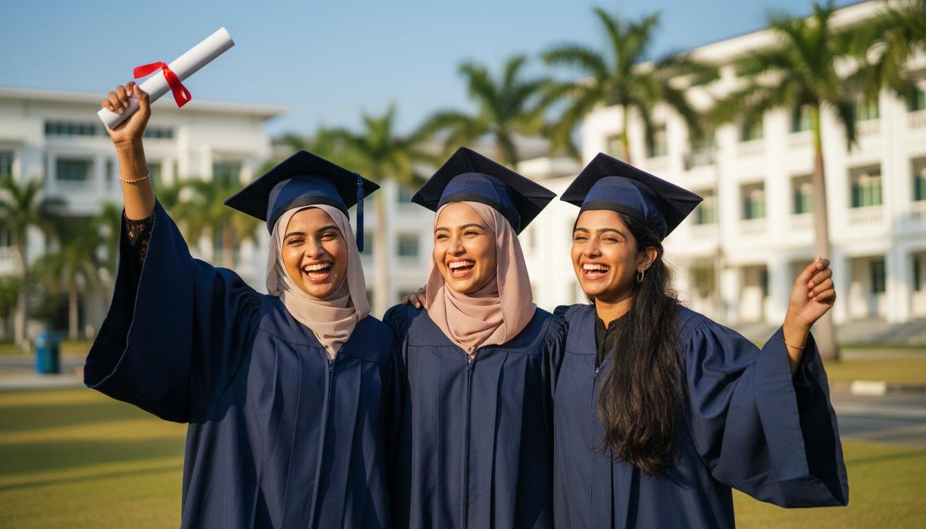 Three graduates in caps and gowns celebrating on a university lawn lined with palm trees